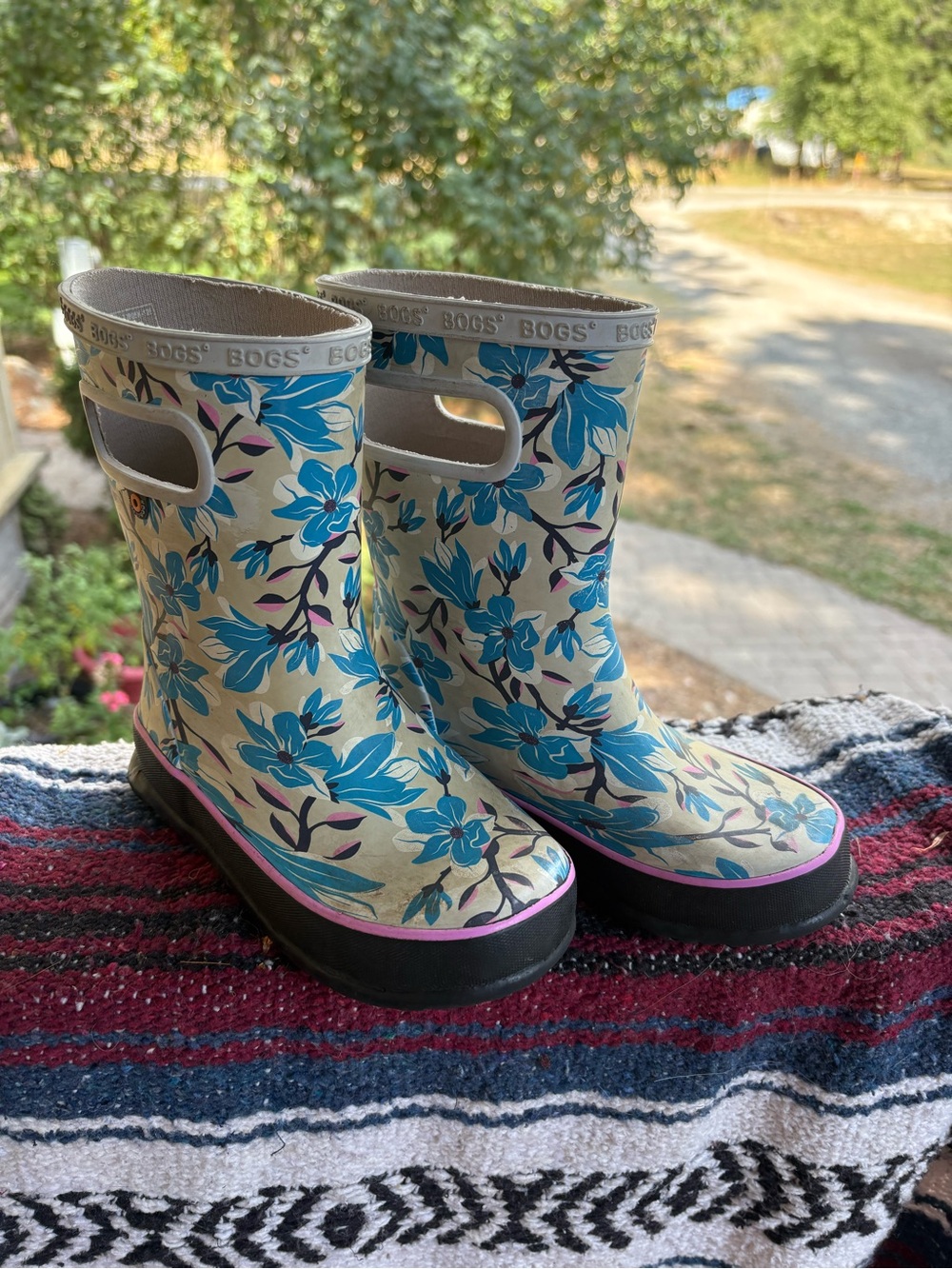 Bogs Cream Rain Boots with Blue Floral Print and Pink Trim